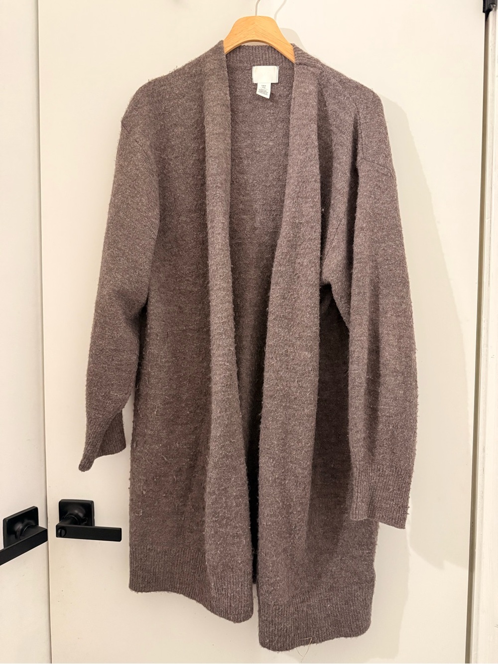 H&M Open-Front Knit Long Cardigan in Taupe Brown Size M
